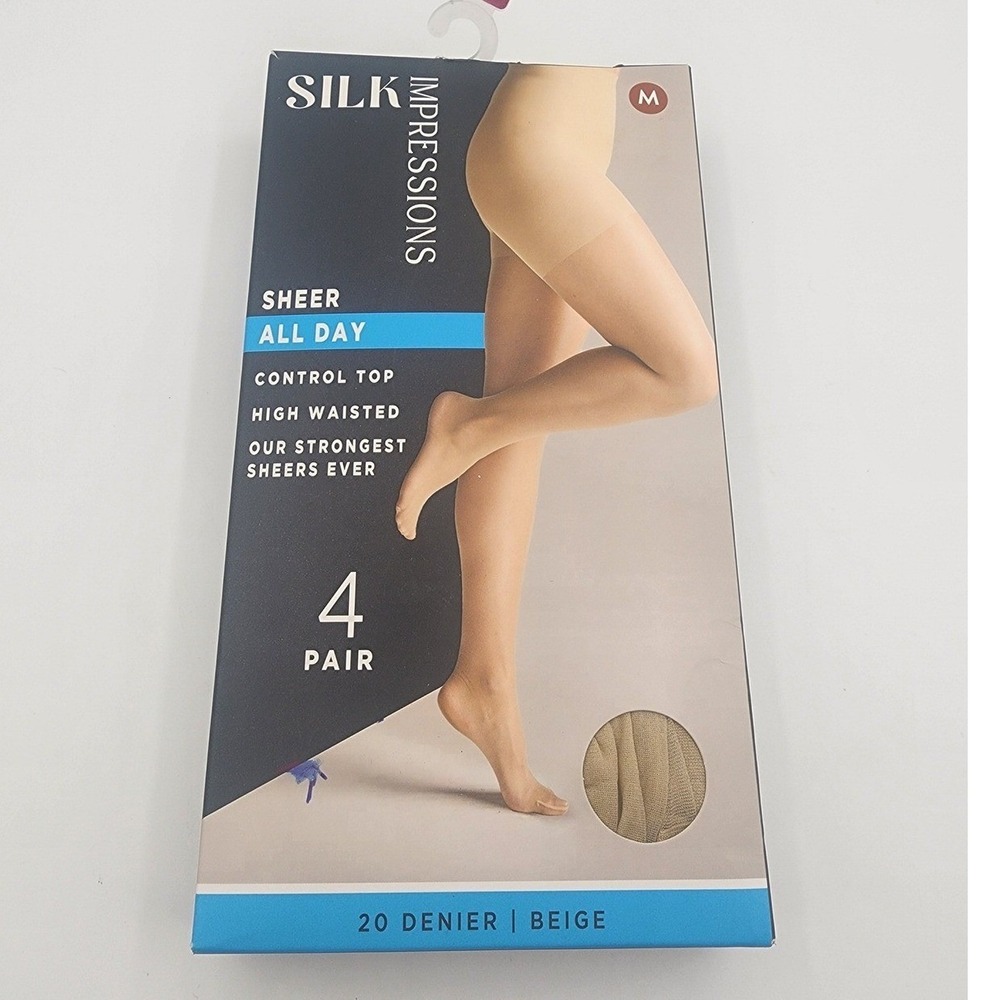 Silk Impressions Sheer All Day Control Top Tights 4 Pair Beige 20 Denier Size M